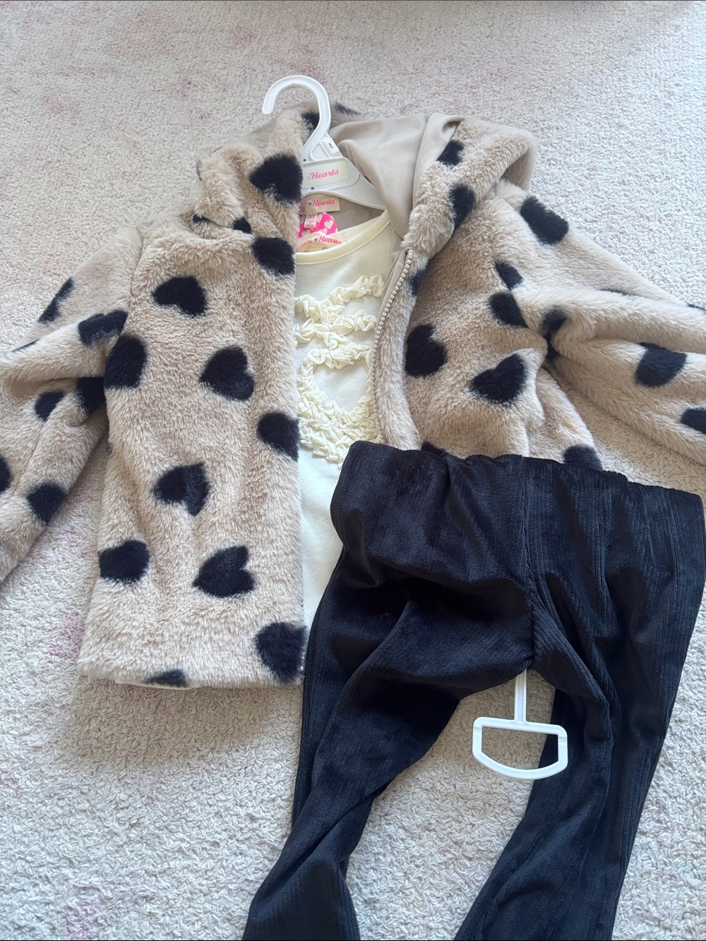 Girls Faux Fur Hooded Puffer Jacket in Beige with Black Spots